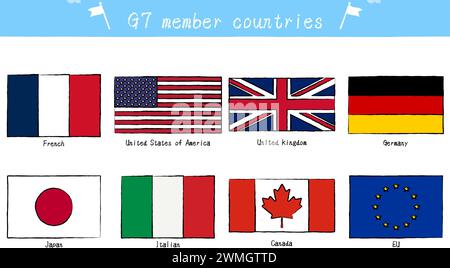 Flaggensatz der G7-Mitgliedsländer, handgemalt, Vektorillustration Stock Vektor