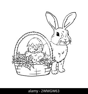 Ausmalbild eines Hühnchens mit Muschelhut in einem Korb, Blumen und einem Hasen. Schwarz-weiß-Illustration für Osterkarte Stock Vektor