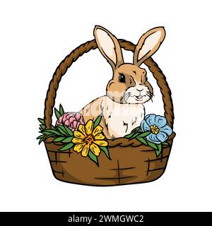 Ein süßer Hase sitzt in einem Korb mit Blumen. Helle Vektor-Illustration für Osterkarte, Druck und Aufkleber. Stock Vektor