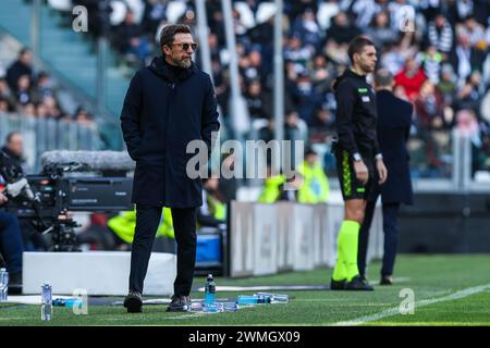 Turin, Italien. Februar 2024. Eusebio Di Francesco Head Coach von Frosinone Calcio sieht sich beim Fußballspiel der Serie A 2023/24 zwischen Juventus FC und Frosinone Calcio im Allianz Stadium an. Endpunktzahl: Juventus 3 | 2 Frosinone. Quelle: SOPA Images Limited/Alamy Live News Stockfoto