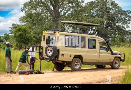 Ein Fahrer fängt einen Geländewagen an, während er ein Rad wechselt, während Touristen auf ihrer Safari im Mikumi-Nationalpark in Tansania warten Stockfoto