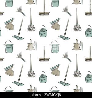 Vektor Retro Hand gezeichneter nahtloser Muster Hintergrund der Reinigungsausrüstung, Mopp, Eimer, Besen, Staubpfanne und Bürste, Staubbeutel. Spring-Clean-Elemente Stock Vektor