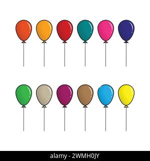 Set aus flachen bunten Ballons im Zeichentrickstil, fliegender Ballon mit Seil isoliert auf weißem Hintergrund Stock Vektor