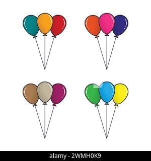 Set aus flachen bunten Ballons im Zeichentrickstil, fliegender Ballon mit Seil isoliert auf weißem Hintergrund Stock Vektor