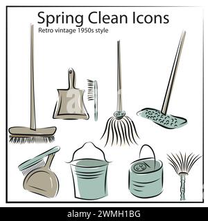 Vector Retro Handgezogene Reinigungsgeräte, Mopp, Eimer, Besen, Mülleimer und Bürste, Staubbeutel. Spring Clean-Elemente in Vintage-Strichgrafik Stock Vektor
