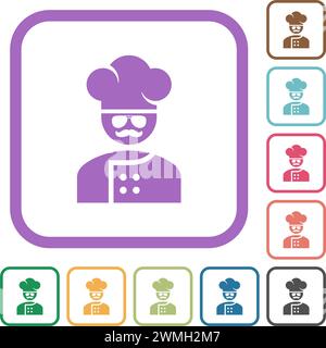 Meisterkoch mit Brille und Schnurrbart einfache Symbole in farbigen abgerundeten quadratischen Rahmen auf weißem Hintergrund Stock Vektor