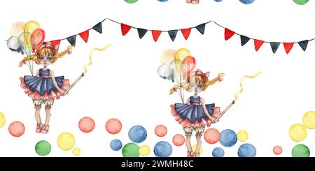 Nahtloser Rand aus Zirkusclown-Gnom im Vintage-Stil für Karte. Aquarellillustration für Scrapbooking. Handgezeichneter Hintergrund mit Blume für Desi Stockfoto