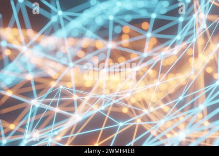 Digital generiertes abstraktes Rendering, Visualisierung eines neuronalen Netzes, IT-Struktur, Netzwerk und soziale Verbindungen Stockfoto