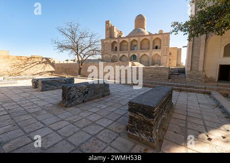 Panorama der mittelalterlichen muslimischen Gräber im Chor Bakr-Gedenkkomplex, Buchara, Usbekistan Stockfoto