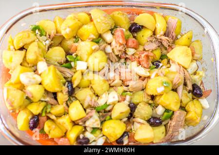 Ein farbenfroher andalusischer Salat mit Kartoffeln, Thunfisch, Eiern und frischem Gemüse. Stockfoto