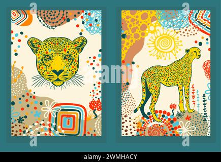 Farbige Plakate mit einem Gepard. Handzeichnung. Nicht AI, Vektorillustration Stock Vektor