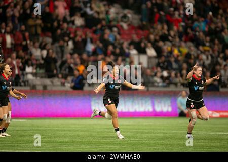 Vancouver, Kanada. Februar 2024. VANCOUVER, BC - 25. FEBRUAR: Spieler von Kanada in Aktion während des 3. Platzes der World Rugby Seven Series 2024 zwischen Kanada und Australien im BC Place Stadium in Vancouver, British Columbia, Kanada am 25. Februar 2024. (Foto: Tomaz Jr/PxImages/SIPA USA) Credit: SIPA USA/Alamy Live News Stockfoto