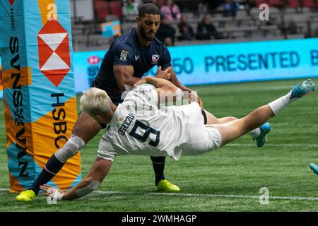 Vancouver, Kanada. Februar 2024. VANCOUVER, BC - 25. FEBRUAR: Spieler in Aktion während des Halbfinalspiels der World Rugby Seven Series 2024 zwischen Argentinien (Win) und den USA im BC Place Stadium in Vancouver, British Columbia, Kanada am 25. Februar 2024. (Foto: Tomaz Jr/PxImages/SIPA USA) Credit: SIPA USA/Alamy Live News Stockfoto