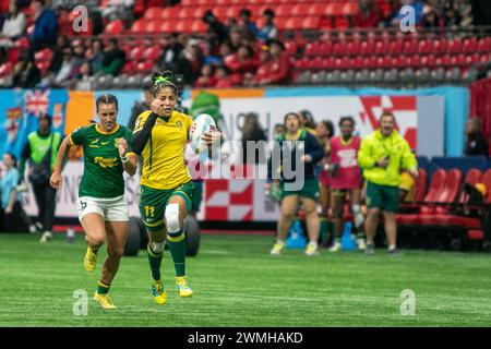 Vancouver, Kanada. Februar 2024. VANCOUVER, BC - 24. FEBRUAR: Spieler in Aktion während des Stage Group Matches der World Rugby Seven Series 2024 zwischen Brasilien und Südafrika im BC Place Stadium in Vancouver, British Columbia, Kanada am 24. Februar 2024. (Foto: Tomaz Jr/PxImages/SIPA USA) Credit: SIPA USA/Alamy Live News Stockfoto