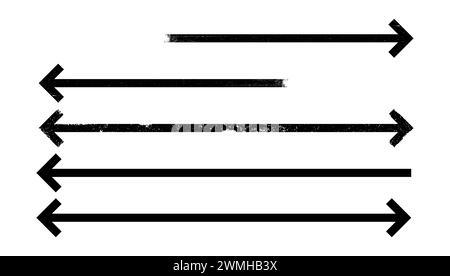 Satz dünner schwarzer Pfeile, die nach rechts links zeigen, lange, gerade Linie mit Grunge-Textur. Vektorveränderungen des horizontalen Pfeils. Grafische Abbildung für Stock Vektor