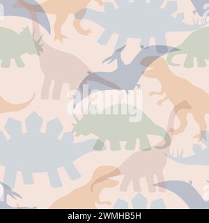 Überlappende Dinosaurier nahtlose Vektormuster, Line Art Dinosaurier Kinder nahtlose Wiederholung Design, Textil Scrapbook. Vektorabbildung Stock Vektor