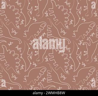 Dinosaurs Seamless Vector Pattern, Line Art Dinosaurs Kids Seamless Repeat Design, Textil Scrapbook. Vektorabbildung Stock Vektor