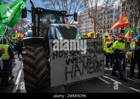 Madrid, Spanien. Februar 2024. Bauern protestieren mit Traktoren. Rund 100 Traktoren und Tausende von Landwirten sind vom Landwirtschaftsministerium zum Büro des Europäischen Parlaments marschiert, zeitgleich mit der Tagung des EU-Rates der Landwirtschaftsminister in Brüssel. Die Landwirte fordern faire Preise und eine Änderung der europäischen Politik. Quelle: Marcos del Mazo/Alamy Live News Stockfoto