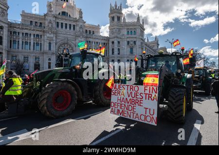 Madrid, Spanien. Februar 2024. Bauern protestieren mit Traktoren. Rund 100 Traktoren und Tausende von Landwirten sind vom Landwirtschaftsministerium zum Büro des Europäischen Parlaments marschiert, zeitgleich mit der Tagung des EU-Rates der Landwirtschaftsminister in Brüssel. Die Landwirte fordern faire Preise und eine Änderung der europäischen Politik. Quelle: Marcos del Mazo/Alamy Live News Stockfoto