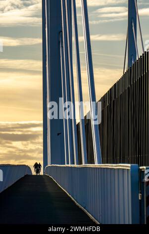 Rad- und Fußweg der Neuenkamp-Brücke A40, Pfeiler und Streckenkabel der neuen Rheinautobrücke bei Duisburg, die alte Brücke wird geströmt Stockfoto