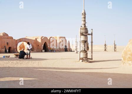 Die Überreste des Mos Espa Star Wars-Films, der in der Sahara bei Tamerza oder Tamaghza, Tschebika, Provinz Tozeur, Tunesien spielt Stockfoto