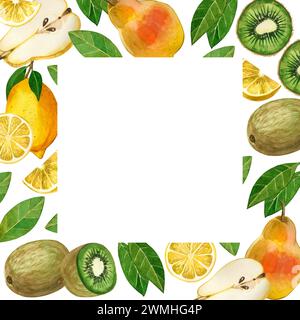 Quadratischer Rahmen aus Früchten auf weißem Hintergrund. Fruchtbirne, halbe Birne, Zitrone, Kiwi und Fruchtscheiben, grüne Blätter in Aquarellfarben. Stockfoto