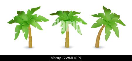 Set aus tropischen Palmen mit 3D-Zeichentrickfilm. Minimaler realistischer Dschungel auf weißem Hintergrund. Vektorabbildung Stock Vektor