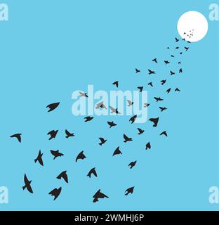Vektorschwarm von vielen Vögeln, die in Richtung Sonne fliegen Stock Vektor