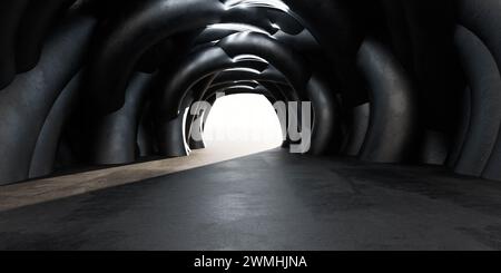 Dunkler Tunnel mit zahlreichen schwarzen Rohren 3D-Darstellung Stockfoto