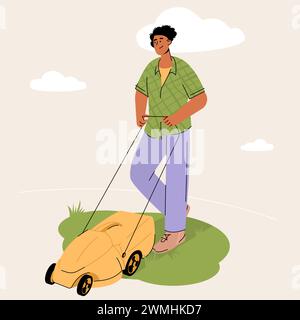 Gärtner mit Rasenmäher schneidet Gras Stock Vektor