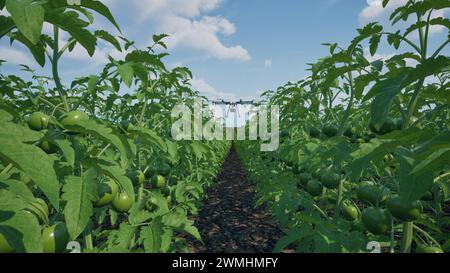 Landwirtschaftsdrohne fliegt zu gesprühtem Dünger auf den Tomatenfeldern, Innovation of Smart Farming Concept, 3D-Rendering Stockfoto