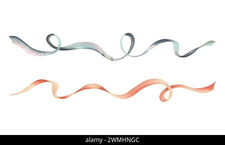 Lange gedrehte Satin- und Seidenbänder in pfirsichfarbenen und blau-türkisfarbenen Farben. Handgezeichnete Aquarellillustration. Gruppe von Elementen, die von isoliert wurden Stockfoto
