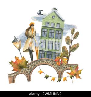 Alte europäische Häuser sind bunt, mit Herbstbäumen und Blättern, mit einem Mädchen im Regenmantel und einem Regenschirm. Handgezeichnete Aquarellillustration Stockfoto