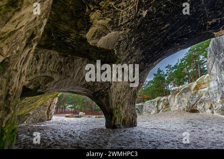 Gravuren in den Sandhöhlen, Sandsteinhöhlen im Wald genannt im Heers unterhalb der Felsen von Regenstein bei Blankenburg, Harz, Sachsen-Anhalt Stockfoto