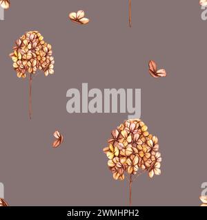 Nahtloses Muster mit Zweigen getrockneter Hortensie, Blumen und wildem Trockengras. Vintage Tapete im Boho-Stil mit Kräutern und Wildblumen. Blumengarten Stockfoto