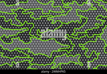 Nahtloses Muster in urbanem Camouflage. Graue sechseckige Textur (Wabenmuster) und grüne Neonkonturen. Schwarzer Hintergrund. Stock Vektor