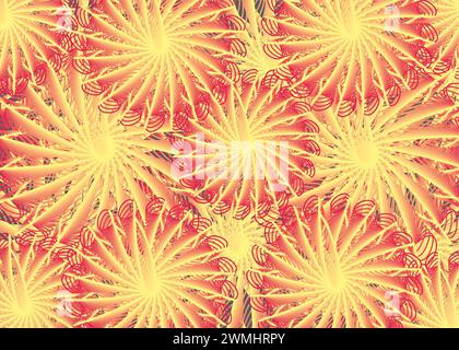 Farbenfrohe Blumenkulisse in Rot-Gelb-Farbtönen für Textilien oder Stoffe. Blühende Gänseblümchen für Modetrends, Geschäftskonzepte, Cover, Scrapbooking Stockfoto