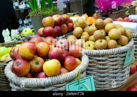 Schließen Sie zwei Körbe mit frischen, lokal angebauten Äpfeln aus biologischem Anbau, englische Sorten, auf einem Bauernmarkt Stockfoto