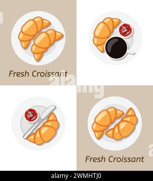 Vektorzeichnung von Croissants und Tellersymbolen. französisches Frühstück Gebäck Symbol mit frischem Croissant Text. Bäckerei-Design auf rundem Tellerhintergrund mit Stock Vektor