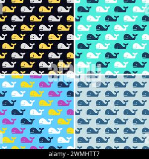 Vektorsatz von nahtlosen Mustern von Walfischen. Einfache Zeichnung von fröhlichen, farbenfrohen Walen ohne Meereswellen. Meereslebewesen Illustration Stock Vektor