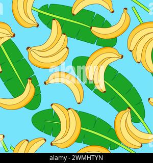 Nahtloses Vektor-Muster mit gelben Bananen und grünen Blättern isoliert auf blauem Hintergrund. Essensillustration von frischen tropischen Bananenfrüchten für die Seemannsmilch Stock Vektor