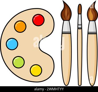 Vektor Holzkunstpalette mit Farbklecksen und Pinseln isoliert auf weißem Hintergrund. Symbol für Künstlermalpalette und Pinsel. Farbenfrohe flache Beleuchtung Stock Vektor