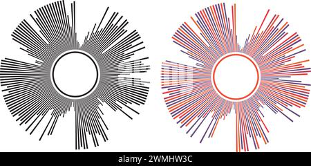 Vektormusik Hintergründe von Audio-Schallwellen pulsieren in Kreisform, Equalizer-Sprachfrequenz, Satz von schwarzen und bunten Schallvibrationen isoliert auf W Stock Vektor