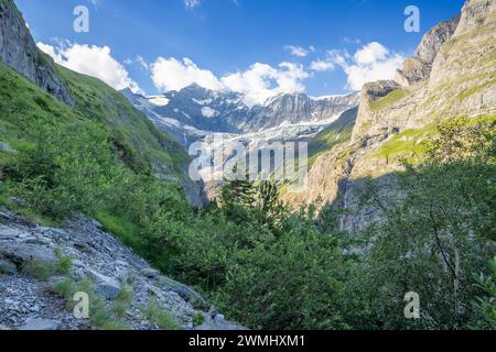 Das Massiv des Großen Fiescher Horns über dem Gletschertal - Schweiz - Grindelwald. Stockfoto