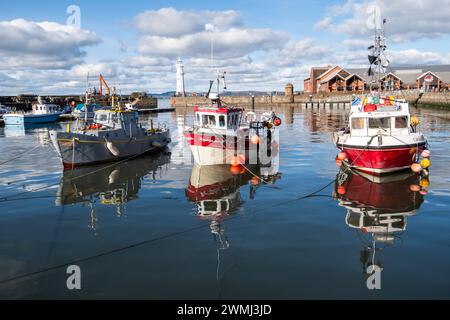 Newhaven Harbour, Schottland, Großbritannien. Februar 2024. Wetter in Großbritannien. Sonniger Tag im Hafen von Newhaven. Quelle: Skully/Alamy Live News Stockfoto