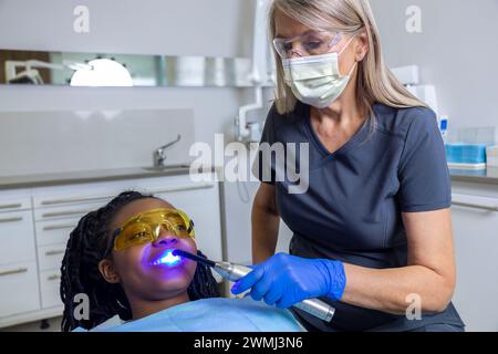 Zahnarztpraxis mit zahnheilenden, lichtauflösenden Verbundharzen für weibliche Patienten Stockfoto