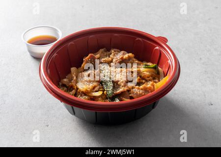 Sojasauce Bulgogi, rote Pfefferpaste Bulgogi über koreanischem Reisgericht Stockfoto