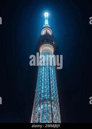 Architektonisches Wahrzeichen Tokio Skytree beleuchtet bei Nacht in Tokio, Japan. Stockfoto