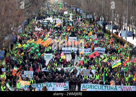 Madrid, Spanien. Februar 2024. Madrid Spanien; 26.02.2024.- Tausende Bauern demonstrieren in Madrid in der vierten Protestwoche. Sie werden von den Agrarkonzernen ASAJA, Coag und UPA genannt und laufen durch die Straßen der spanischen Hauptstadt und enden vor dem Gebäude der Europäischen Union in Madrid. Vermerk: Juan Carlos Rojas/dpa/Alamy Live News Stockfoto