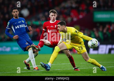 LONDON, Großbritannien - 25. Februar 2024: Conor Bradley aus Liverpool drückt Djordje Petrovic aus Chelsea im Finale des EFL Carabao Cup zwischen Chelsea FC Stockfoto